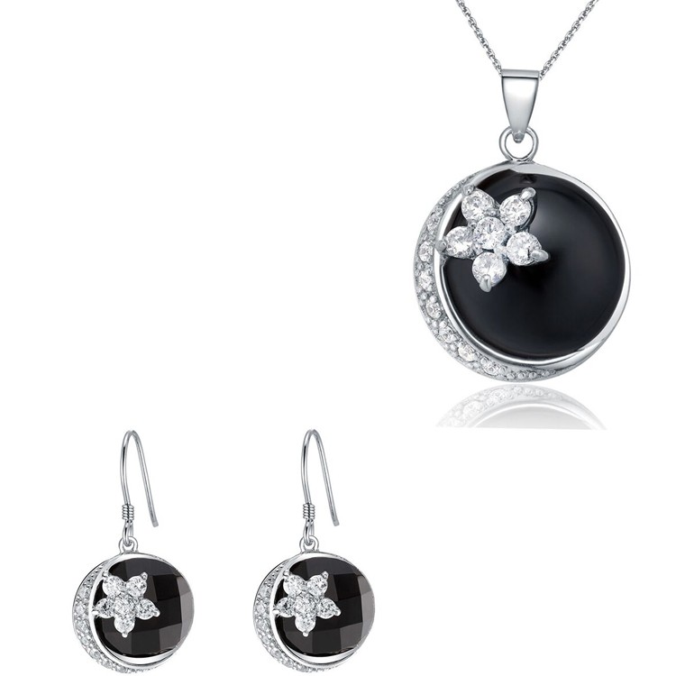 925 Sterling Silver Black Agate And White Cubic Zircon Necklace pendant Hook Earrings Jewelry Set