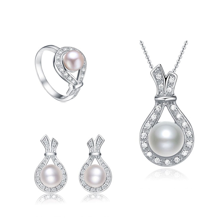 China Factory Women Fashion Wedding Silver Ring Pearl Jewelry Set For Party