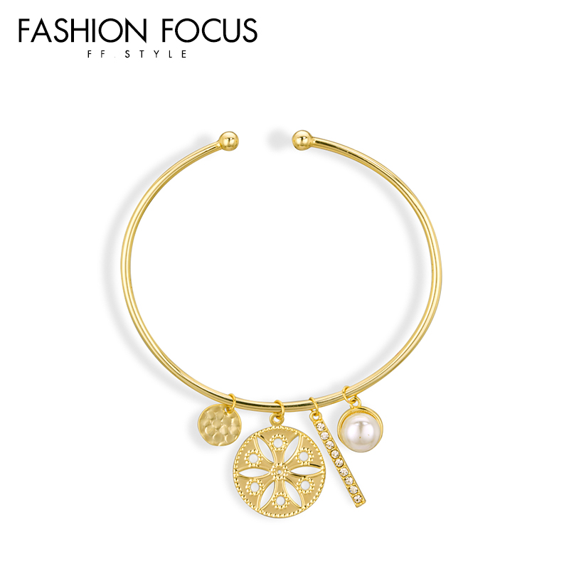 Luxury Brass Gold Plated Jewelry Women Accessories Cubic Zirconia Pearl Cuff Charm Adjustable Bangle(图4)