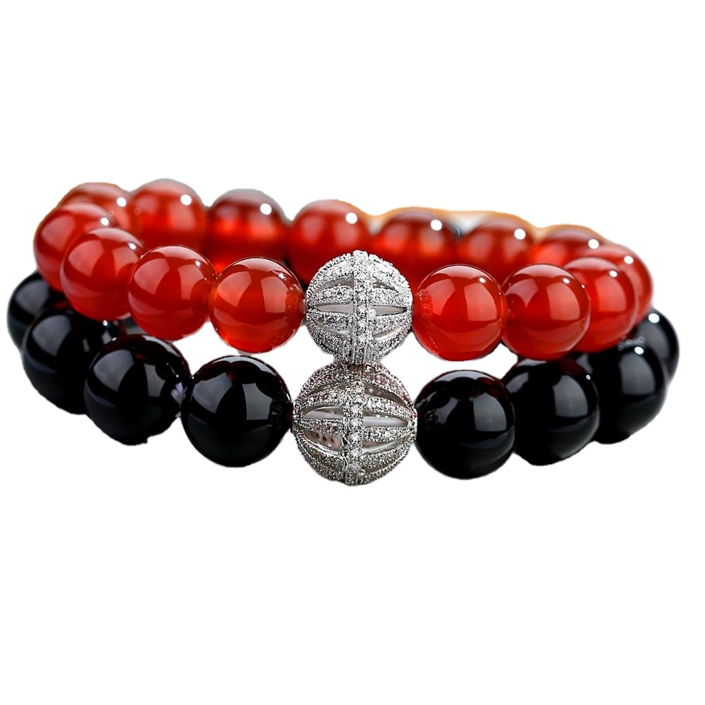 Wholesale Jewelry Natural Stone Black Red Agate Healing Gemstone Brass Cubic Zirconia Charm Couple Beads Bracelet