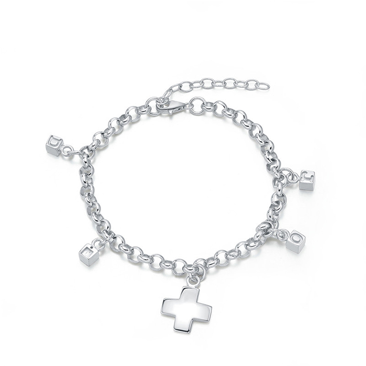 Fresh and simple letter cross 925 sterling silver bracelet jewelry charm adjustable charm women's bracelet