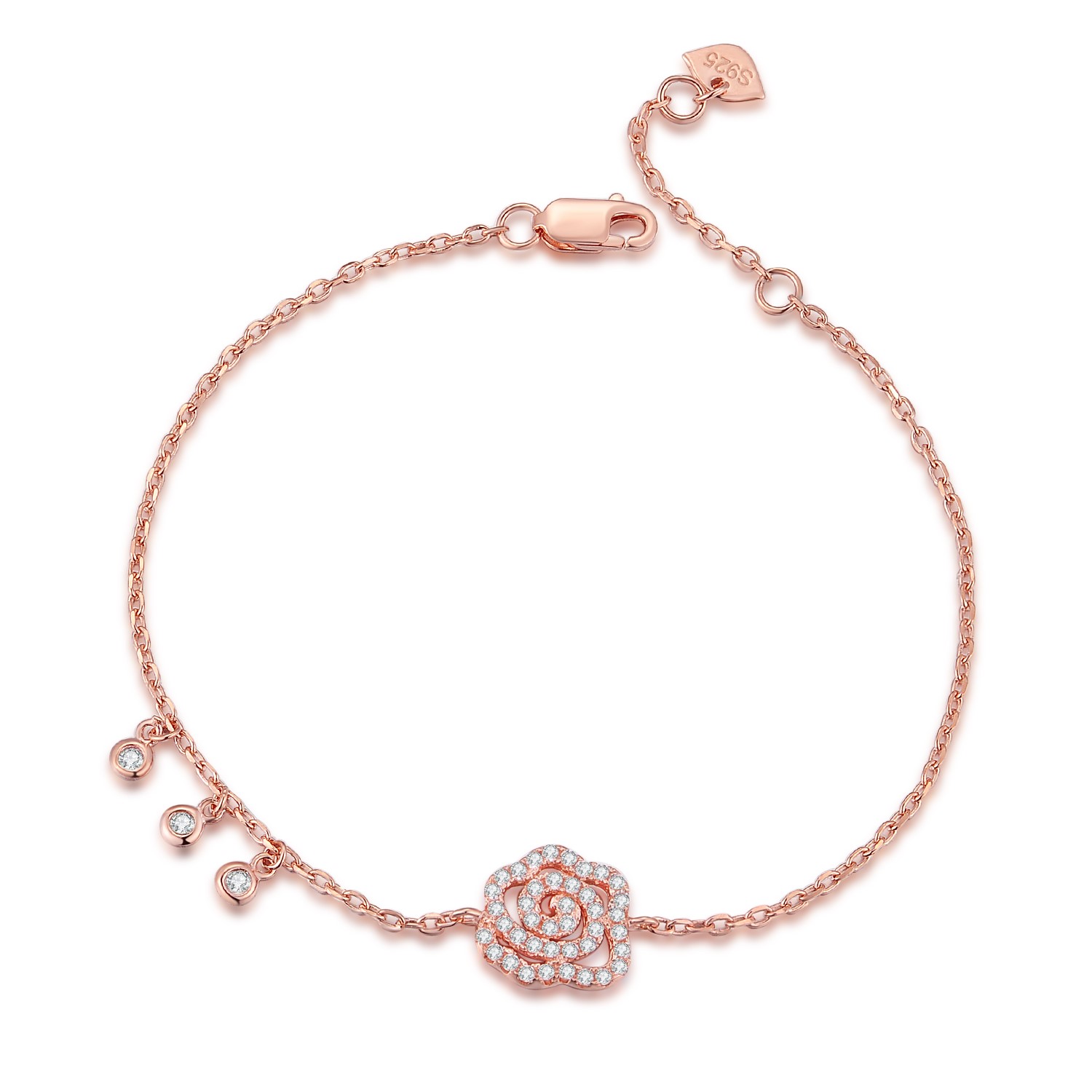 Factory wholesale 925 sterling silver jewelry bracelet rose gold cubic zirconia custom charm charm women rose flower bracelet