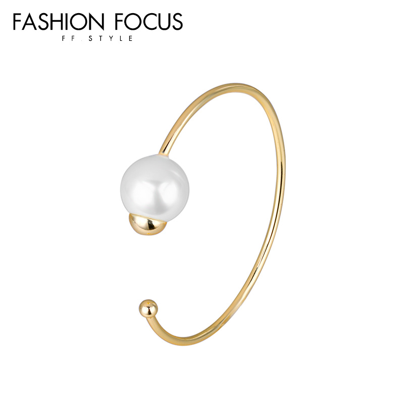 Fashion Brass 14k Gold Plated Women Jewelry Adjustable Open Cuff Charm Pearl Bracelets & Bangles(图4)