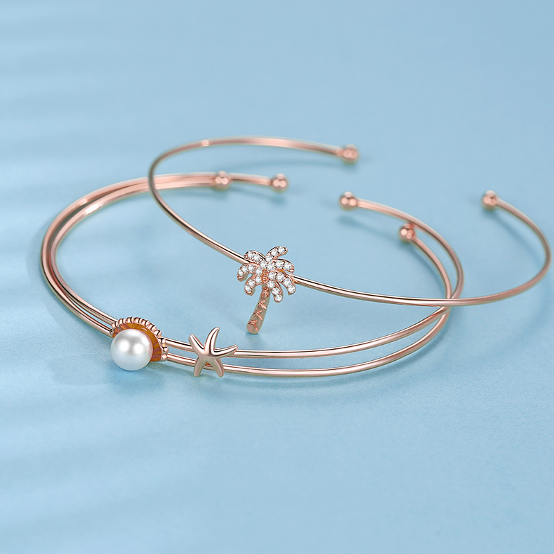 925 Sterling silver Coconut tree Starfish Shell Pearl 18K gold plated set ladies bracelet(图6)