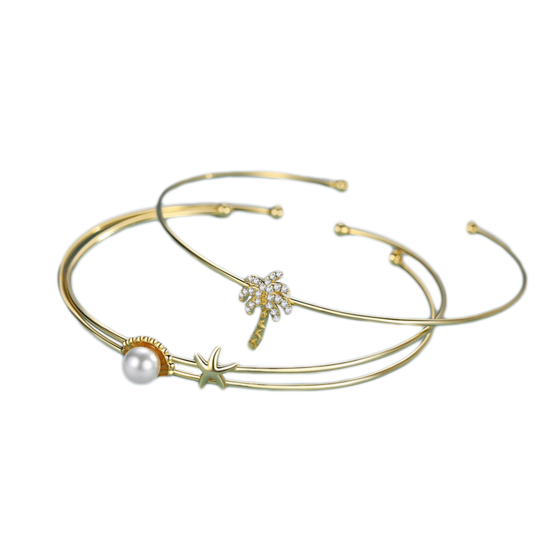 925 Sterling silver Coconut tree Starfish Shell Pearl 18K gold plated set ladies bracelet(图7)