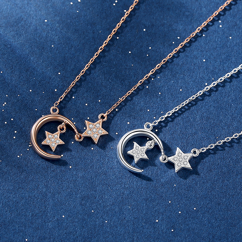 Custom Trendy Rose Gold Plated CZ 925 Sterling Silver Women Light Star Moon chain Pendant Necklace(图5)