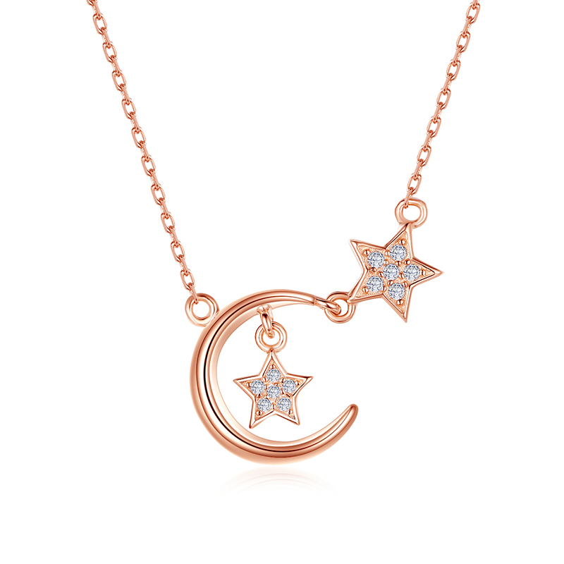 Custom Trendy Rose Gold Plated CZ 925 Sterling Silver Women Light Star Moon chain Pendant Necklace(图4)