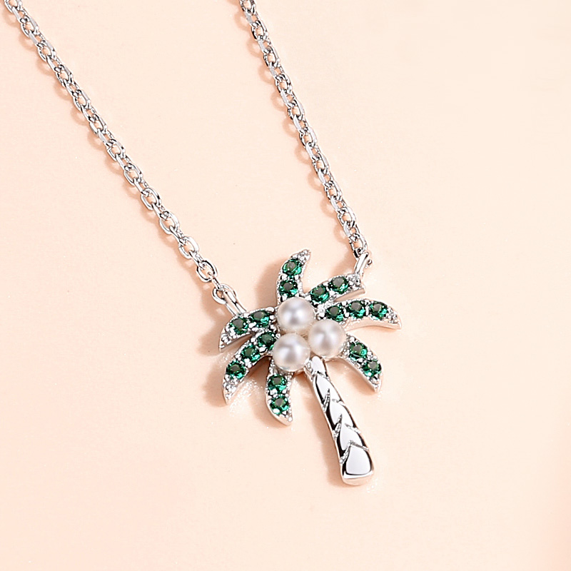 Vintage S925  Rose Gold Plated Women Customized Cubic Zirconia Pearl Coconut Tree Pendant necklace(图4)
