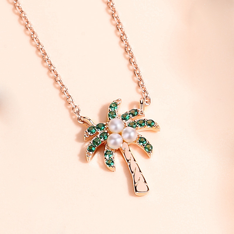 Vintage S925  Rose Gold Plated Women Customized Cubic Zirconia Pearl Coconut Tree Pendant necklace(图5)