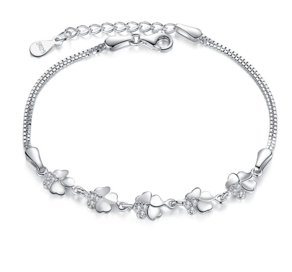 Chinese Factory Bracelet Jewelry 925 Sterling Silver CZ Charm Four Leaf Clover Dainty Bracelet