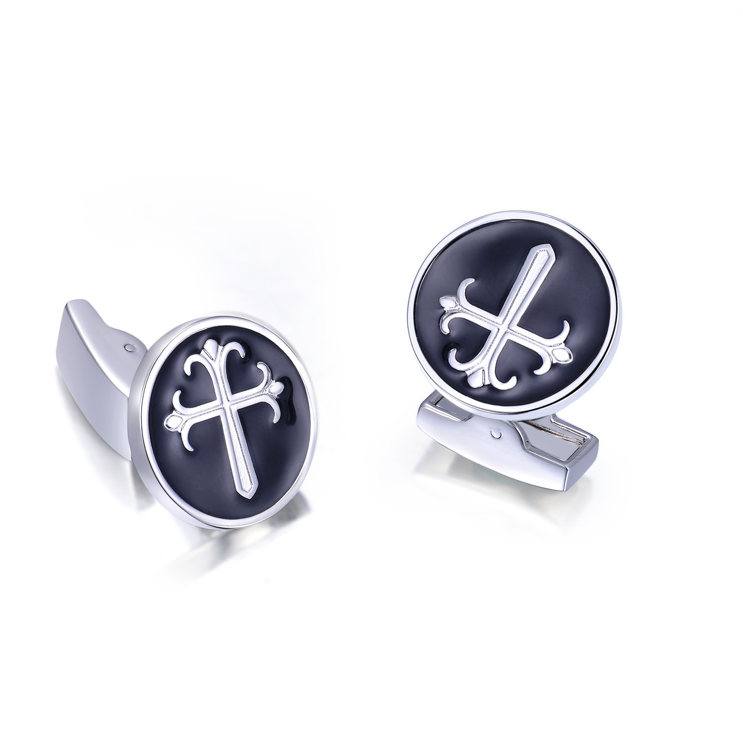 Elegant Engraved 925 Sterling Silver Cufflink Black Cross Jewelry