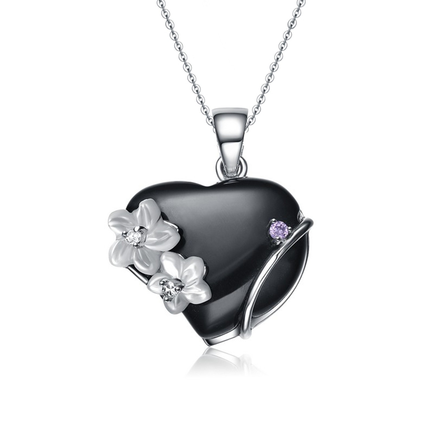 Classic 925 Sterling Silver Pendant Black Agate Heart Necklace Jewelry