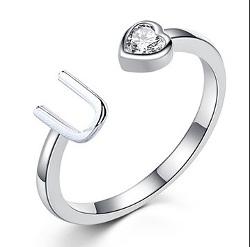 Rhodium Plated Initial 26 Alphabet Open Adjustable Finger Ring Dainty Inlaid CZ Jewelry