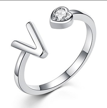 925 Sterling Silver Initial Letter Rings A-Z Cubic Zirconia Letter Alphabet Adjustable Ring