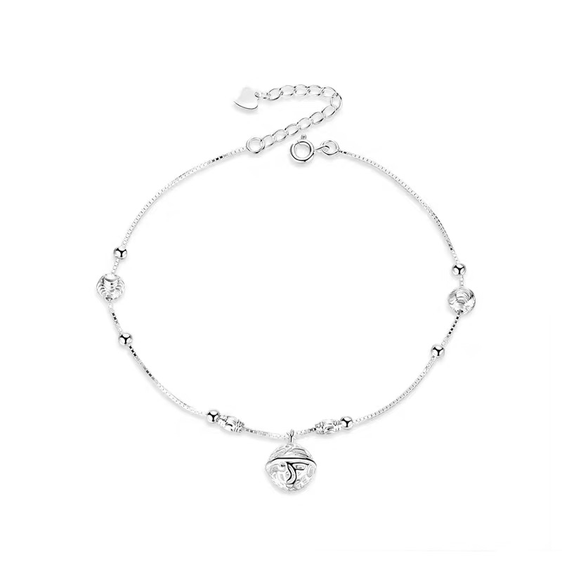 Elegant 925 Sterling Silver Hollow Bell Anklet Women Pendant Simple Anklet