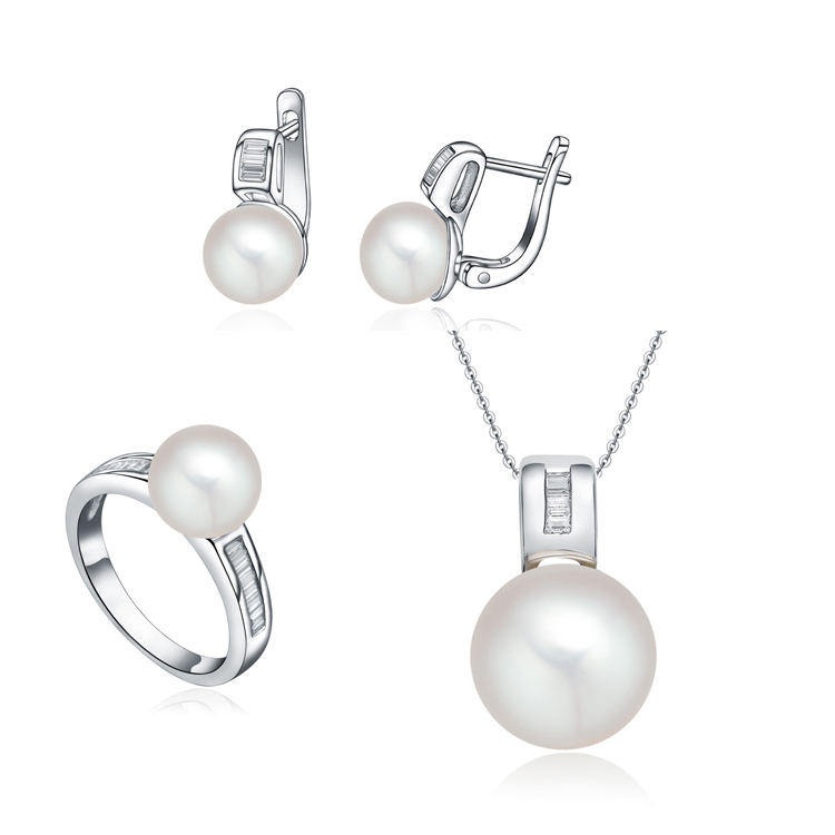 Pearl Jewelry Set 925 Sterling Silver Earring Ring Necklace Pendant 