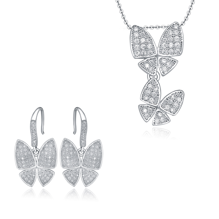 Factory Trendy Sterling Silver butterfly Jewelry Set Rhodium Plated Necklace Jewellery Set