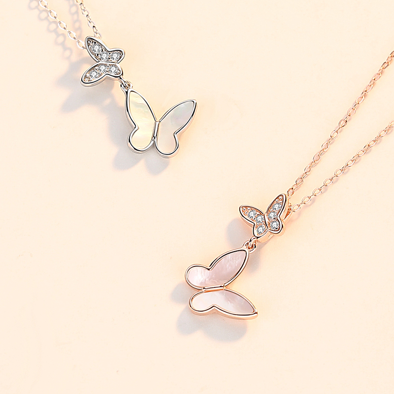 Wholesale necklace jewelry dainty sterling silver pendant cubic zirconia shell butterfly necklace