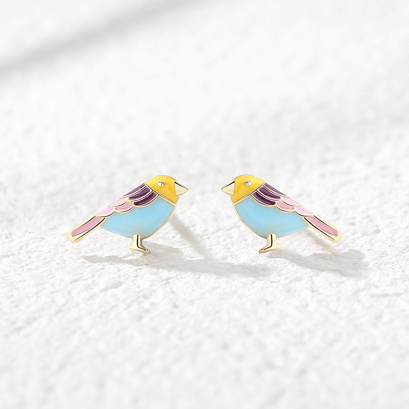 Bird Colorful Girl Cute 925 Sterling Silver Gold Plated Stud Animal Enamel Earrings