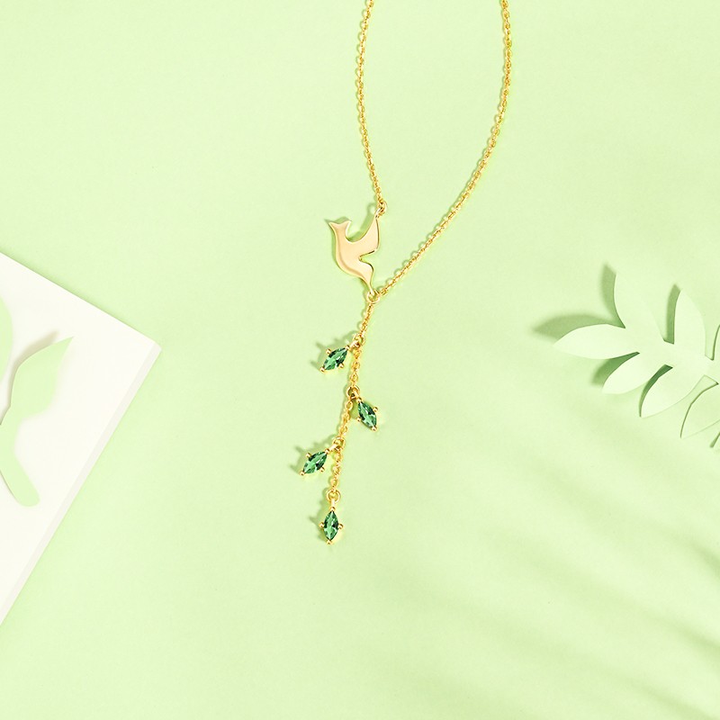 S925 Sterling Silver 18k Gold Plated  Peace Dove Green Leaf Pendant necklace