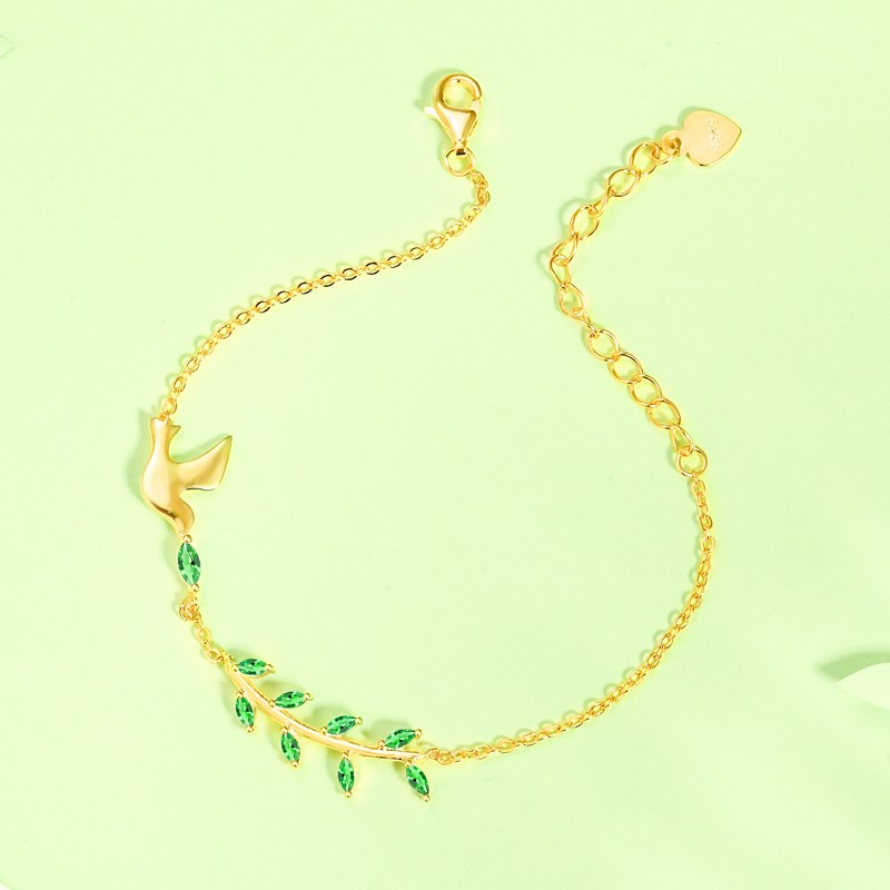 Jewelry 925 Sterling Silver Gold Plated Women Adjustable Designer Charm Peace Dove Green Leaf Bracel