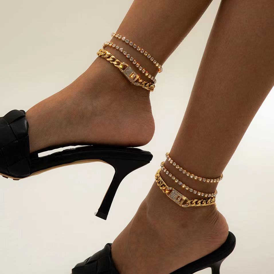 Brass Luxury Gold Plated CZ Rhinestone Diamon Multilayer Summer Tennis Cuban Link Anklet