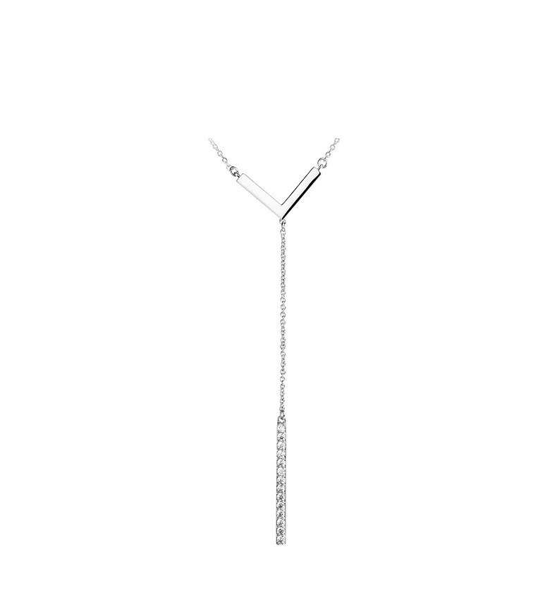 Wholesale high quality women sweater chain brass cubic zirconia L shaped pendant long drop necklace