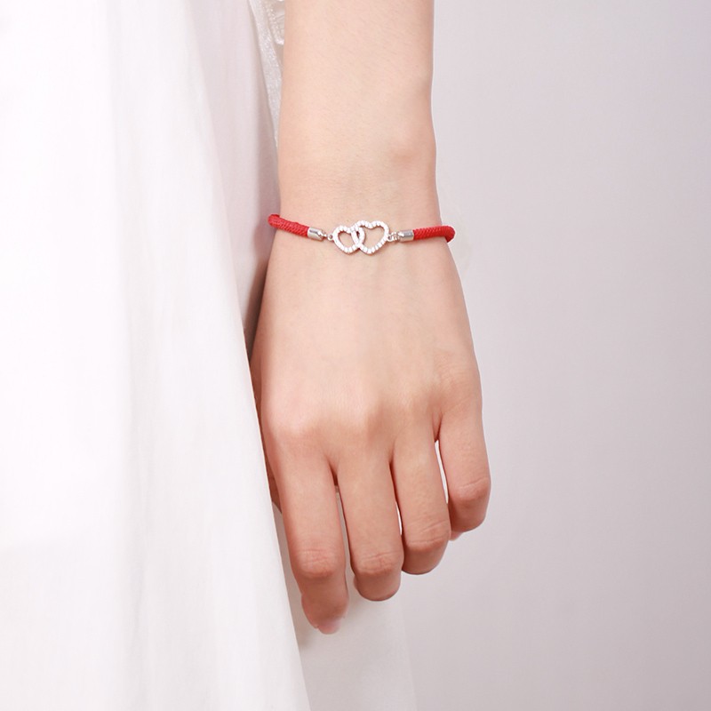 Fashion CZ Double Love Heart 925 Sterling Silver Lucky Red String Adjustable Love Bracelet