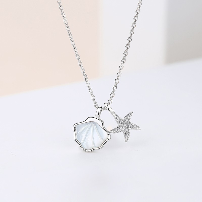 Designer Charm Chain Zircon Sterling Silver Rose Gold Plated Shell Starfish pendant Necklace