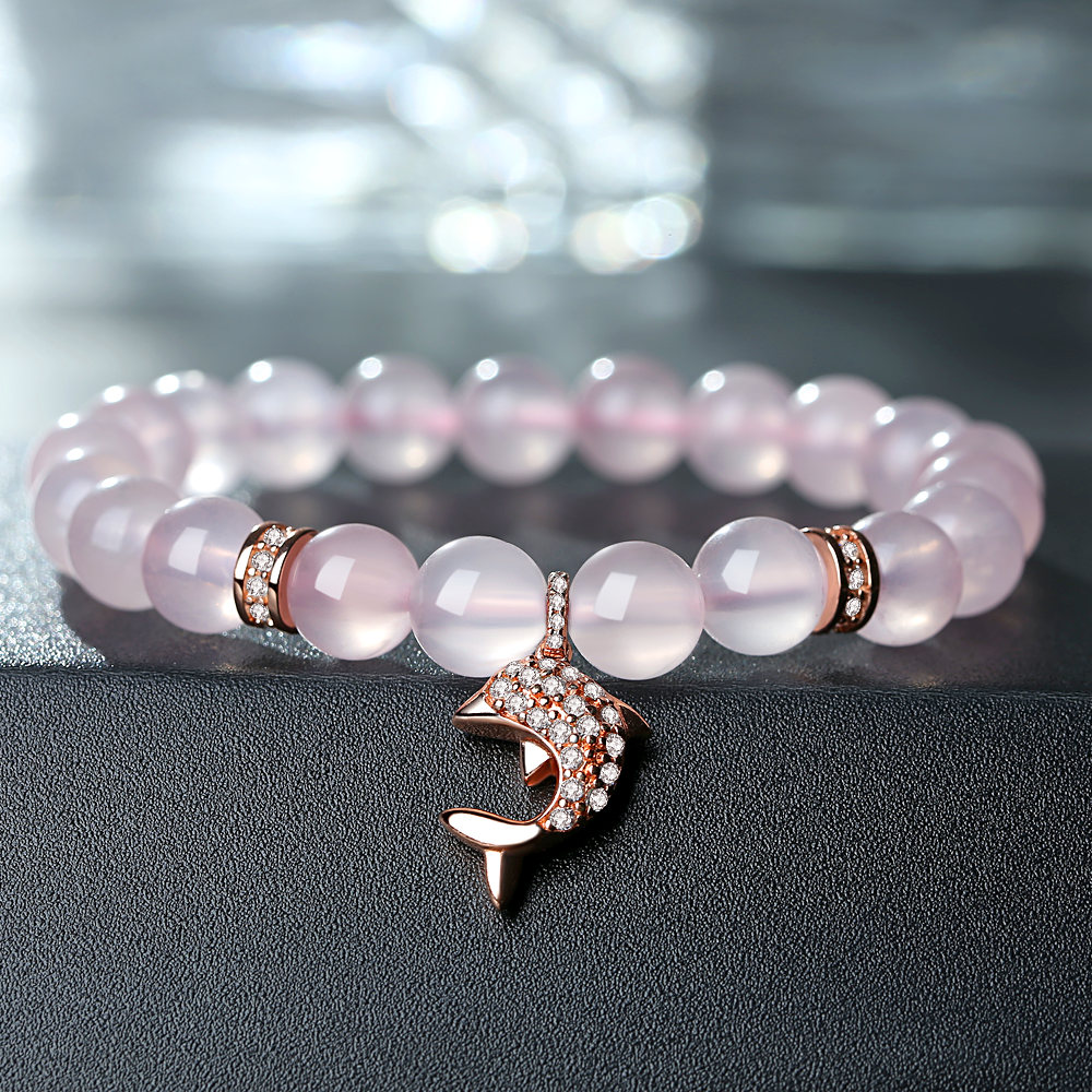 Ladies Rose Gold Plated Alloy Dolphin Diamond Cute Pendant 8mm Rose Quartz Crystal Beaded Bracelet