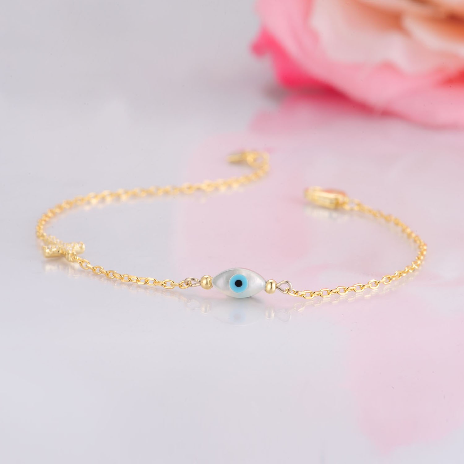 Jewelry  Bracelet Women 925 Sterling Silver Cubic Zirconia Gold Plated Cross Evil Eyes Bracelet