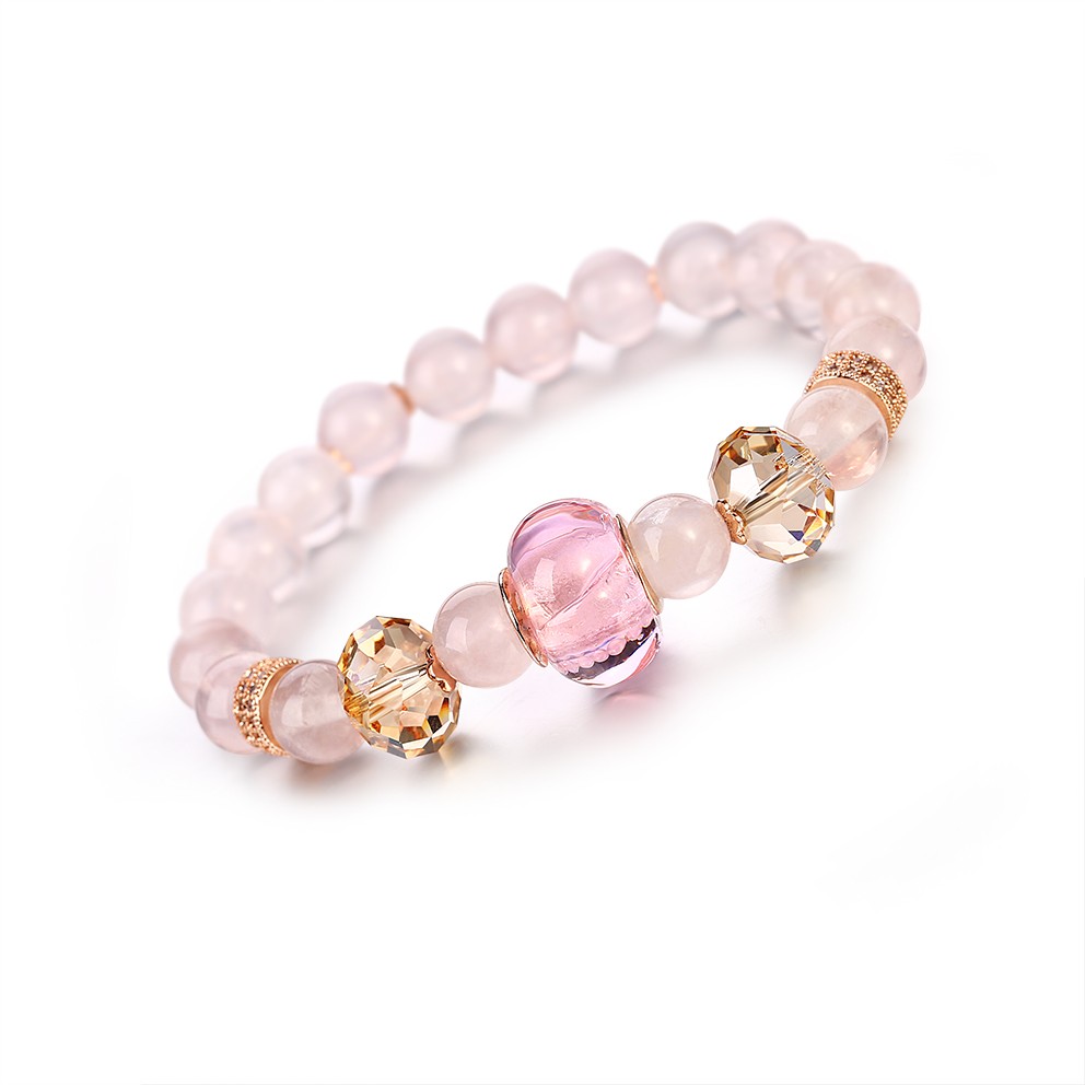 Gold Plated Charm Bracelets Jewelry Rose Quartz Round Beads Stretch Woman Natural Beads Bracelet