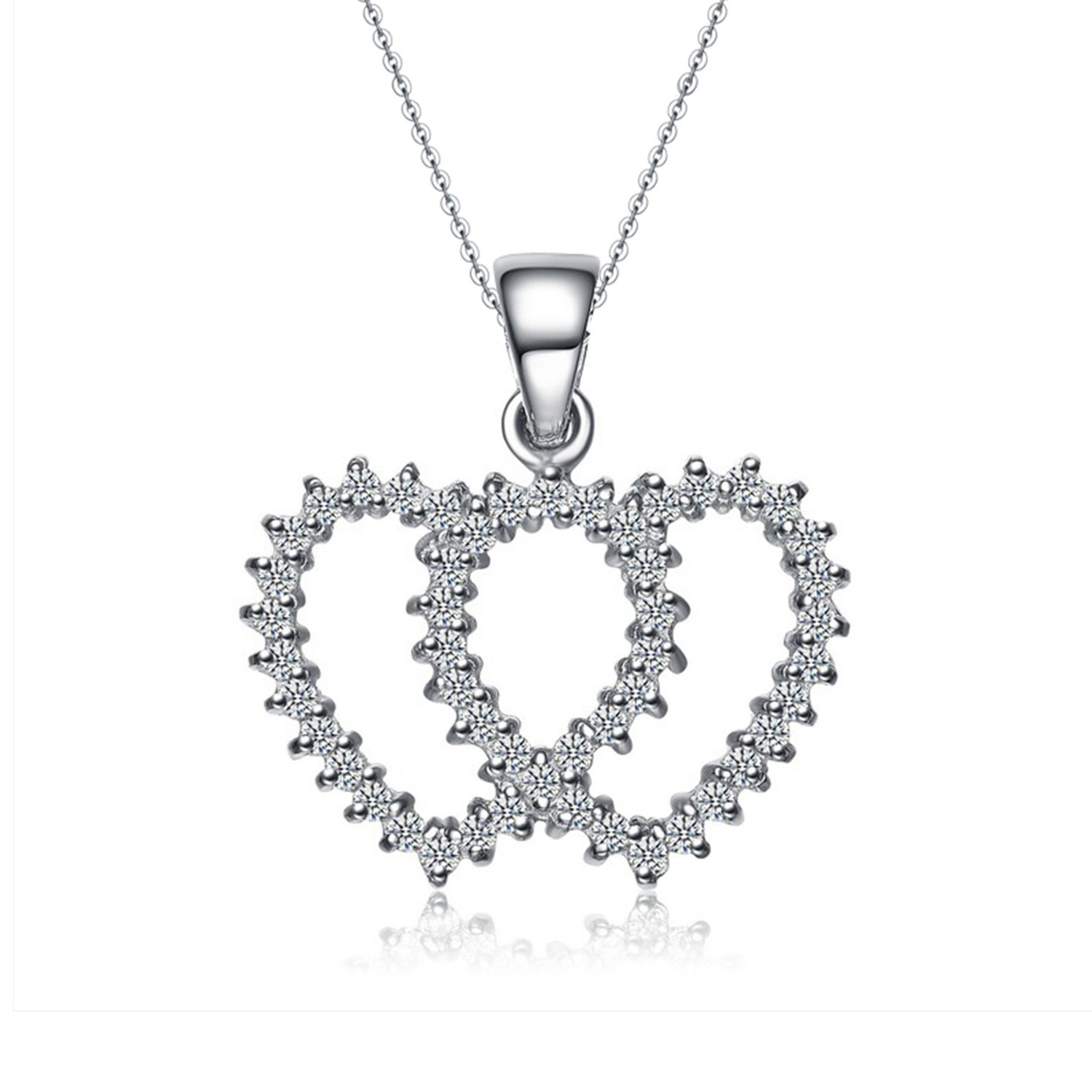 Wholesale Jewelry Cubic Zirconia 925 Sterling Silver Link ChainDouble Heart Classic Pendant Necklace