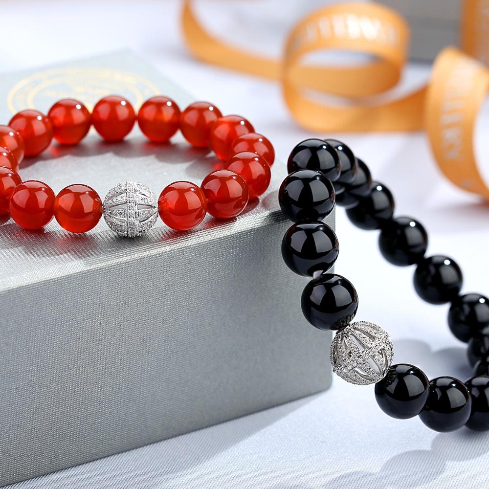 Jewelry Natural Stone Black Red Agate Healing Gemstone Brass Cubic Zirconia  Couple Beads Bracelet