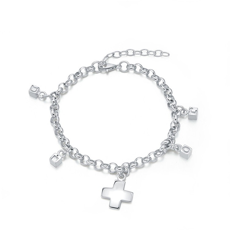 Simple Letter Cross 925 Sterling Silver Bracelet Jewelry Adjustable Charm Lady Bracelet