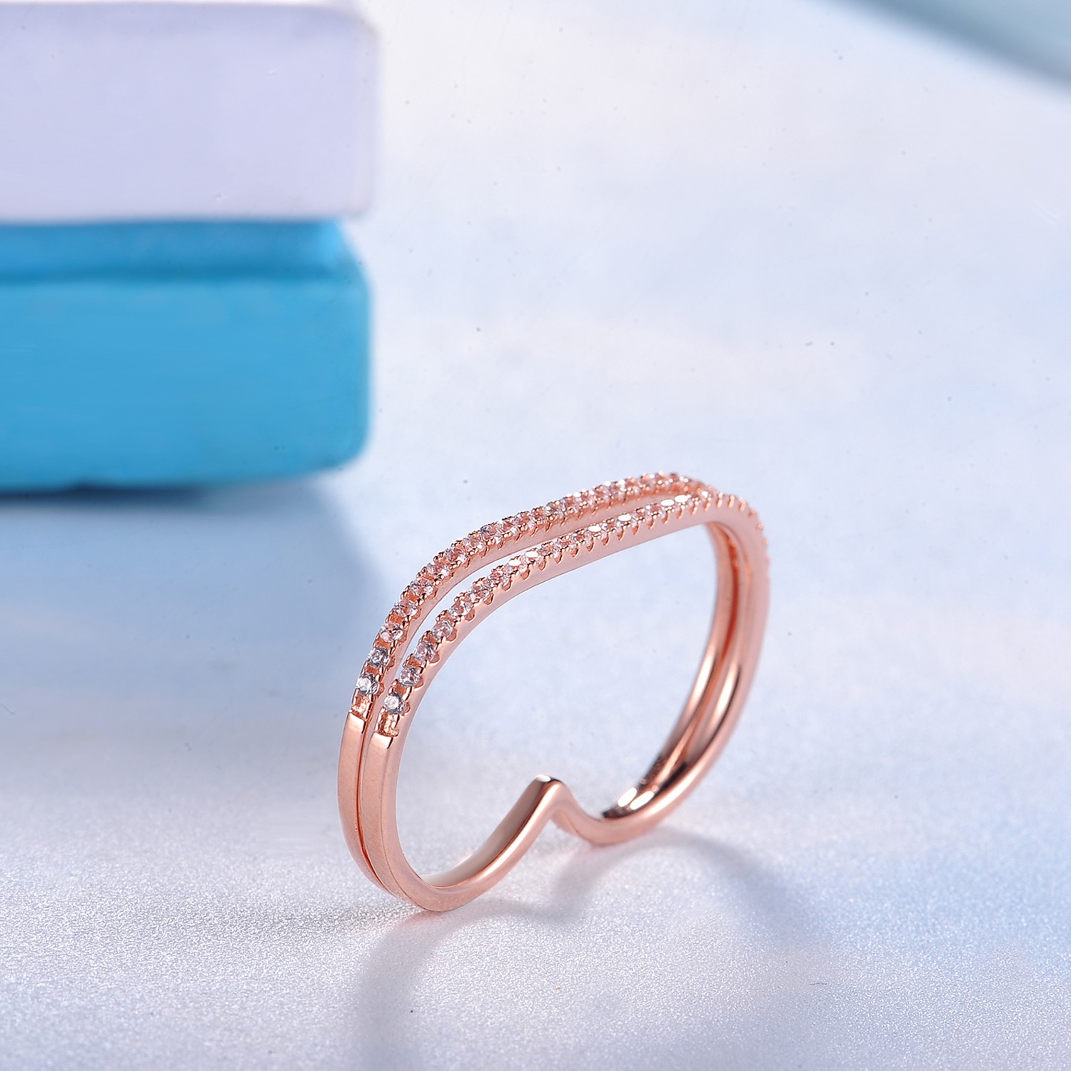 Tow Fingers Rose Gold Plated Cubic Zircon Double Women Jewelry 925 Sterling Silver Rings