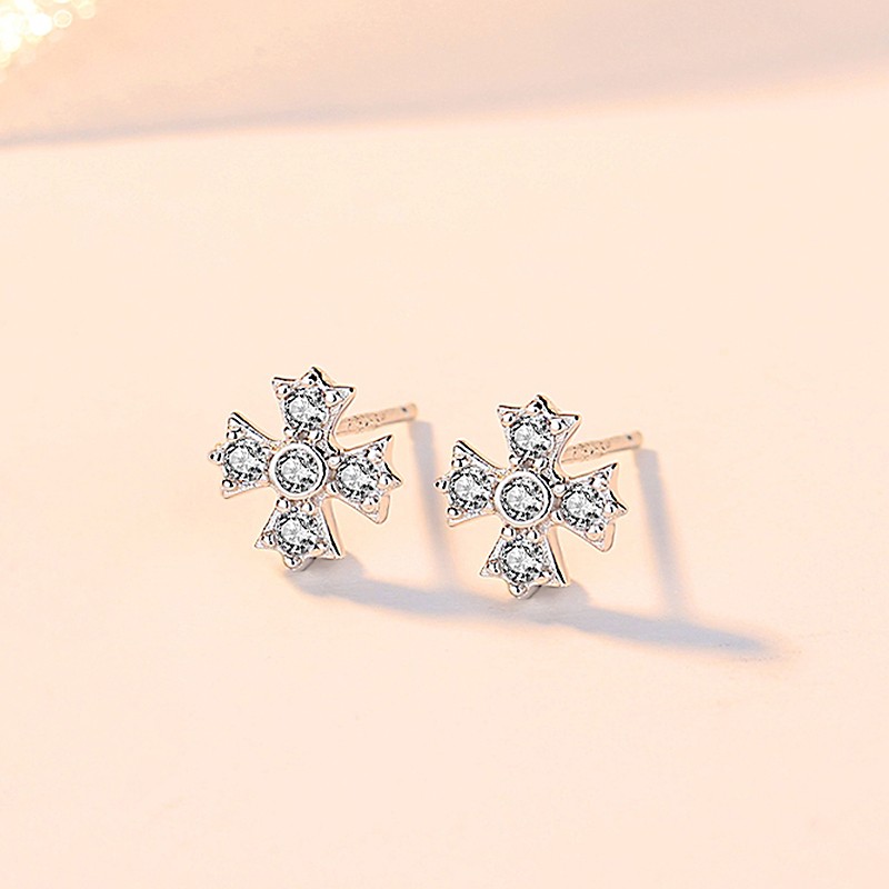 Wholesaler Earring Bling Crystal Rhinestone Women Gift Cross 925 Silver Korean Stud Earring Jewelry