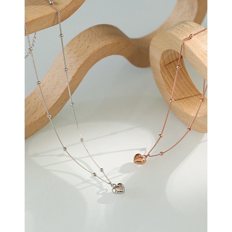 Fashion Beaded Chain Heart Pendant 925 Silver 18K Rose Gold Plated Couple Charm Jewelry Necklace