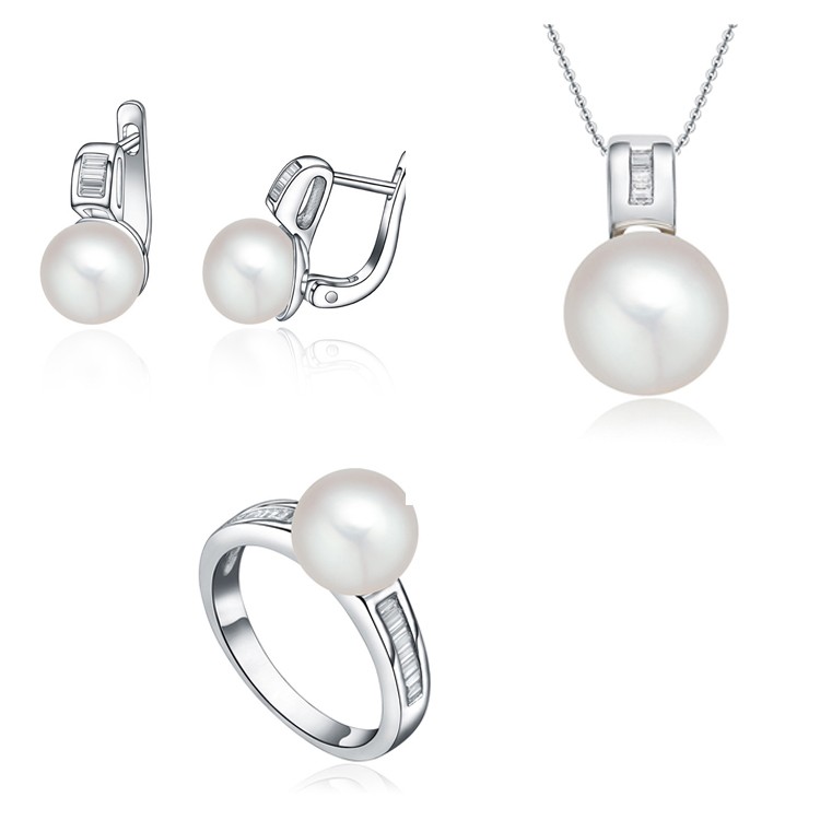 Rhodium Plated 925 Sterling Silver Zircon 925 Freshwater Pearl Wedding Jewellery Set