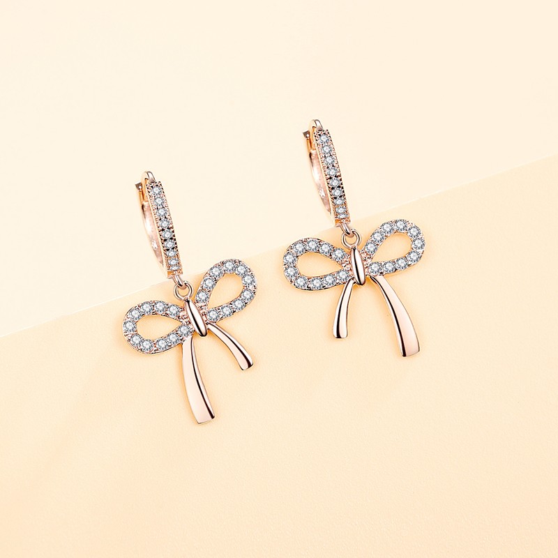 Luxury 925 Sterling Silver Rose Gold Plated Fashion Korean Women Gift Cubic Zirconia Bow Hoop Earrin