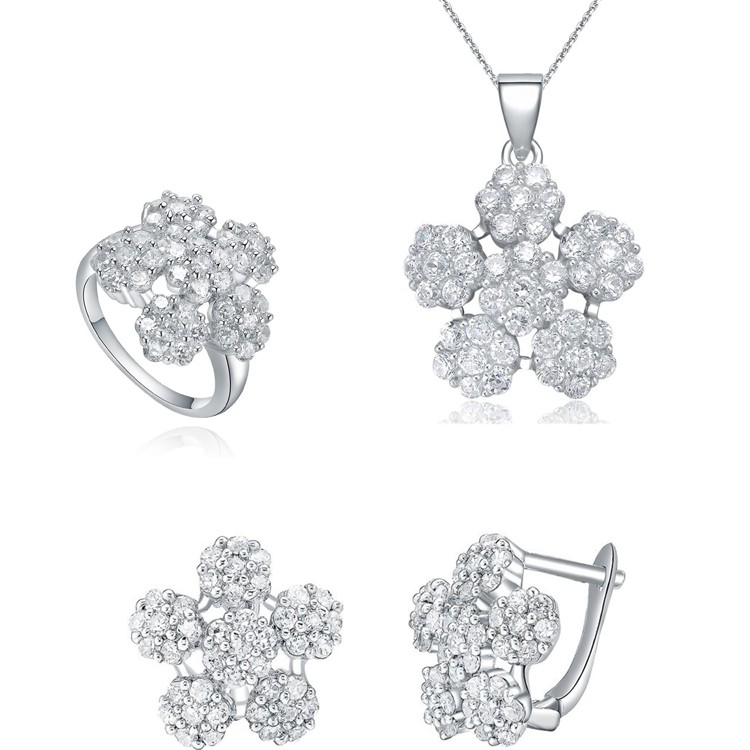 Rhodium Plated Women CZ 925 Sterling Silver Fashion Cubic Zirconia Flower Jewelry Set