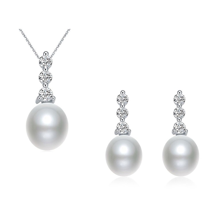 925 Sterling Silver Fashion Vintage Bridal Cubic Zirconia Freshwater Pearl Jewelry Set