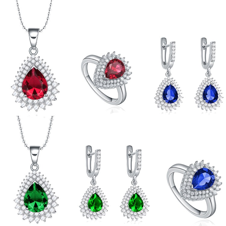 925 Sterling Silver Cubic Zirconia Multicolor Ruby Crystal Emerald Gemstone  Water Drop Jewelry Sets