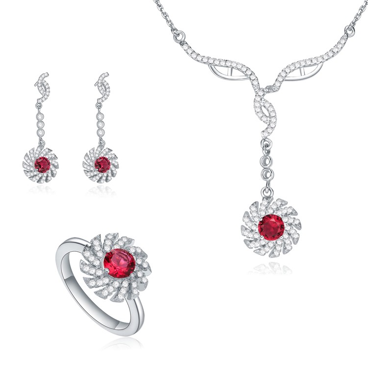 Rhodium Plated Fashion Chain Red Cubic Zirconia Luxury Bridal Jewelry Set