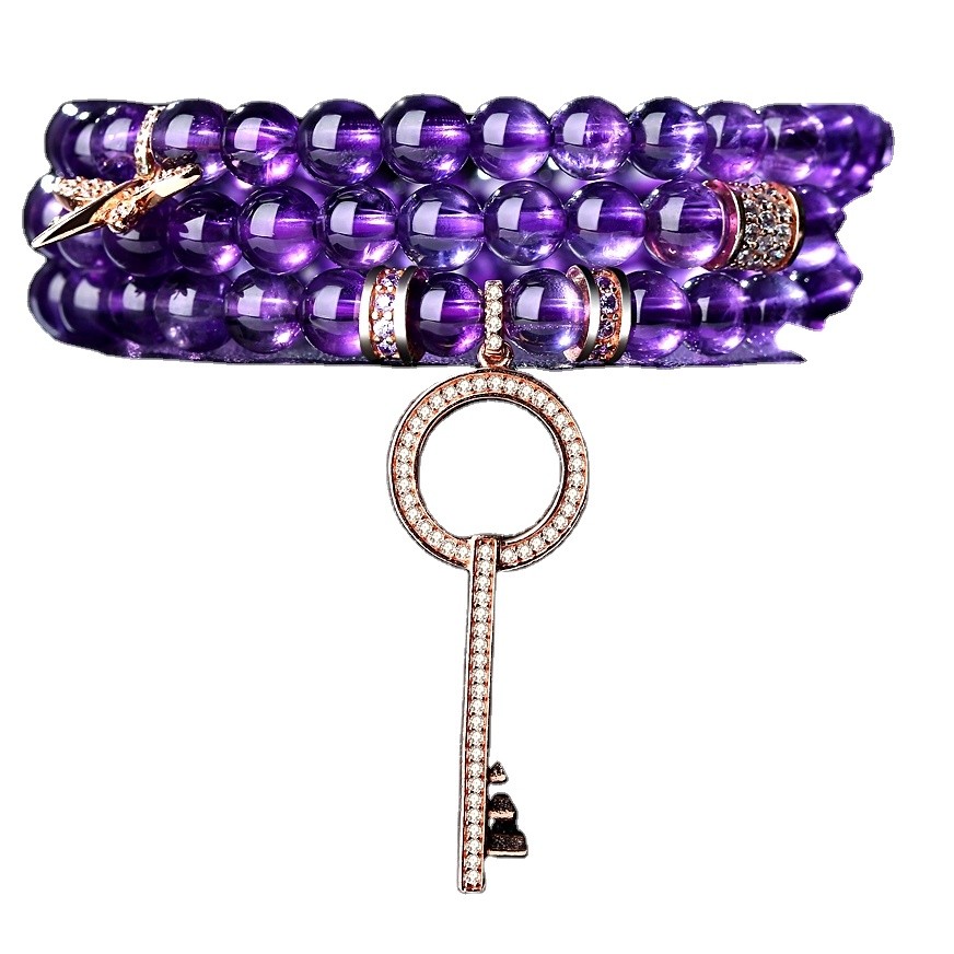 Healing Elastic Crystal Beads for women and men with rose gold key and purple crystal beads bracelet