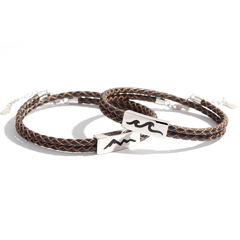 Custom jeweled rhodium-plated 925 sterling silver charm lovers brown leather bracelet