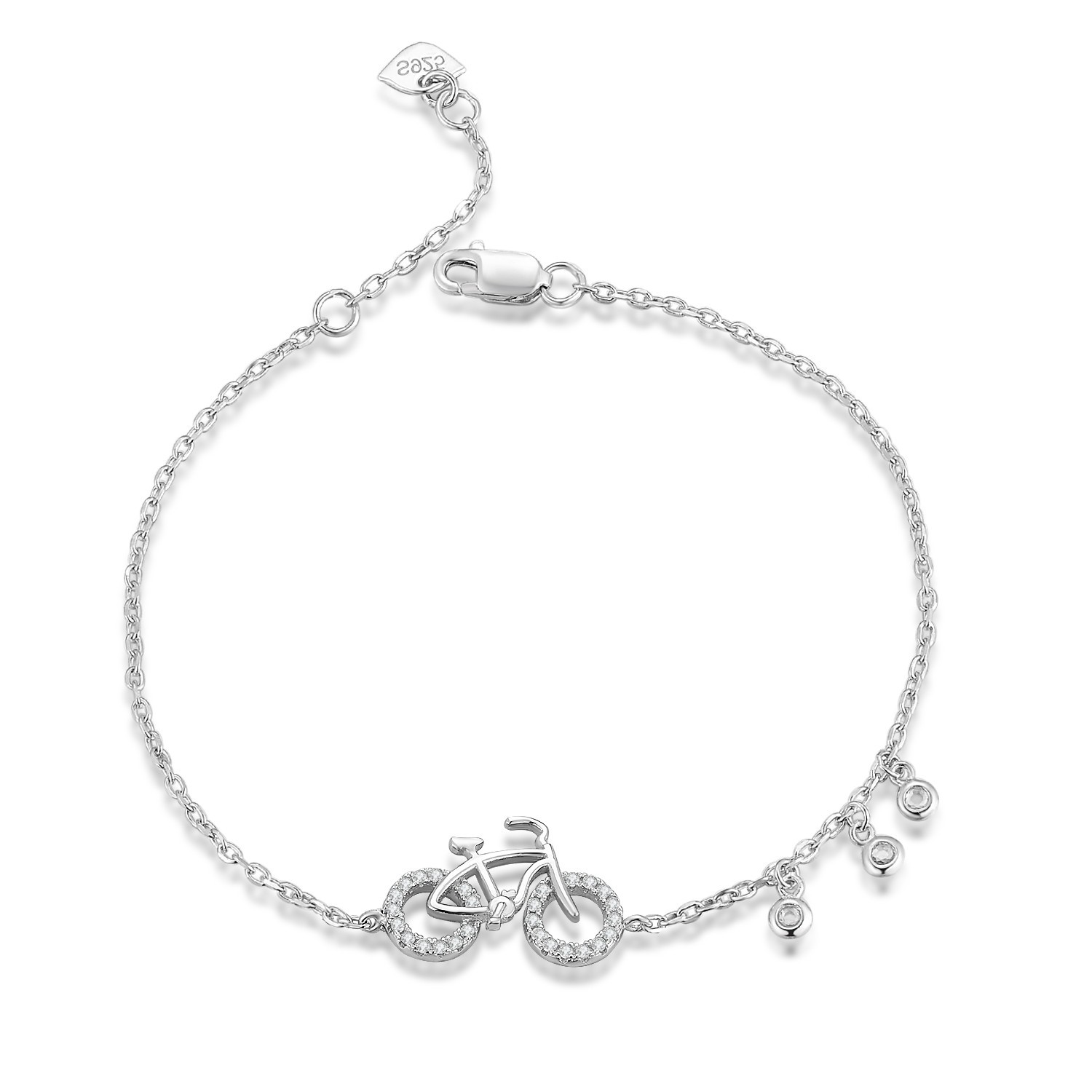 Dainty Bracelets Women Rhodium Plated 925 Sterling Silver Bicycle Charm Cubic Zirconia Bracelet