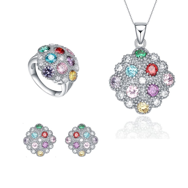 Luxury High Quality 925 Sterling Silver Women Colorful Cubic Zirconia Jewelry Sets