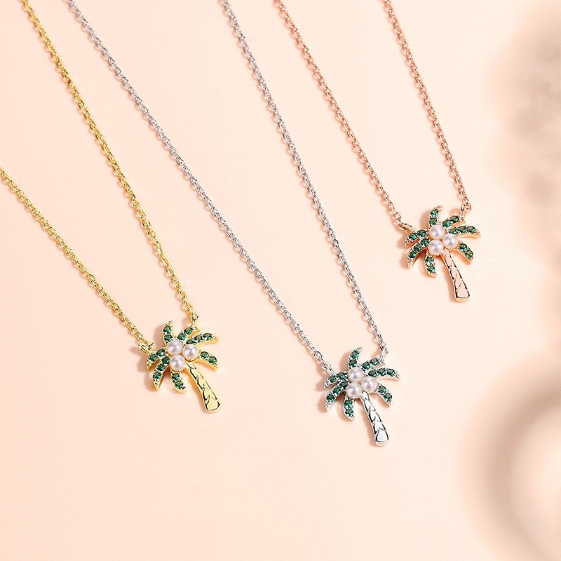 Vintage S925  Rose Gold Plated Women Customized Cubic Zirconia Pearl Coconut Tree Pendant necklace