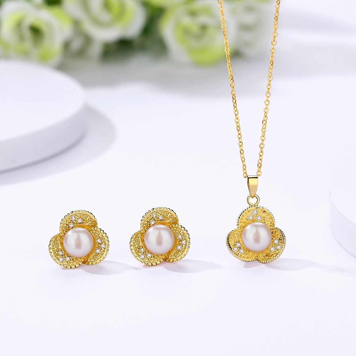  cubic zircon pearl brass 10k 14k 18k gold plated luxury aesthetic high end jewelry set for women